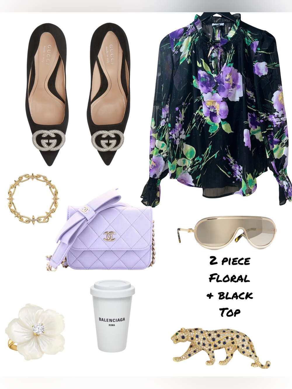 2 Piece Floral Black & Purple Blouse